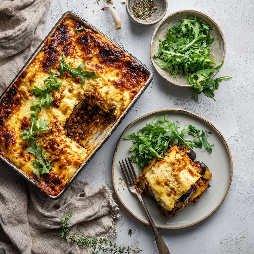 Savory Vegan Moussaka with Lentils and Aubergine Layers