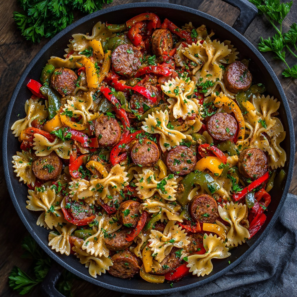 Savory Vegan Sausage Farfalle with Roasted Peppers