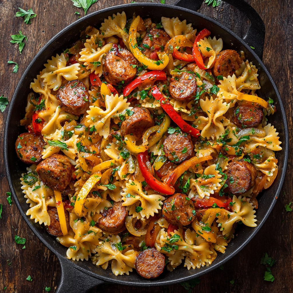 Savory Vegan Sausage Farfalle with Roasted Peppers