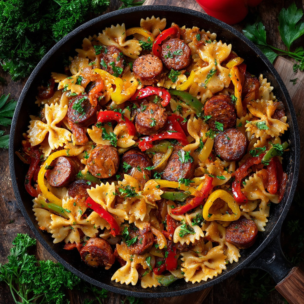 Savory Vegan Sausage Farfalle with Roasted Peppers