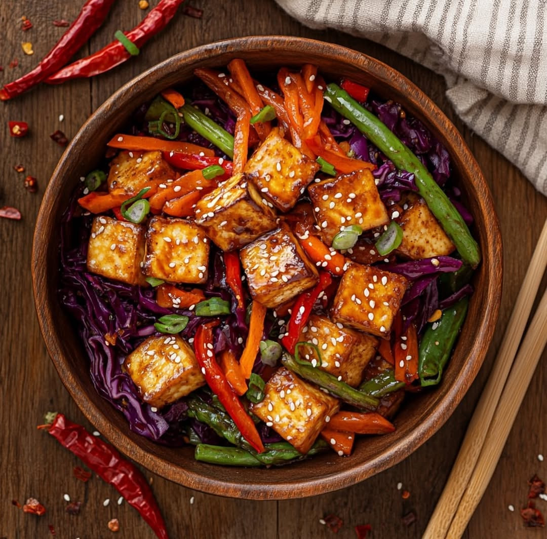 Spicy Szechuan Tofu with Colorful Veggie Stir-Fry