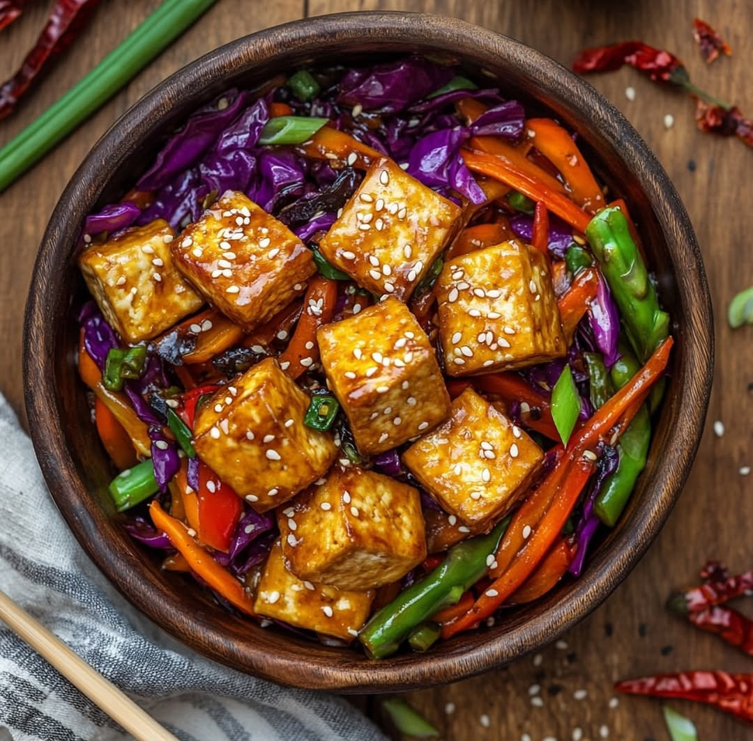 Spicy Szechuan Tofu with Colorful Veggie Stir-Fry