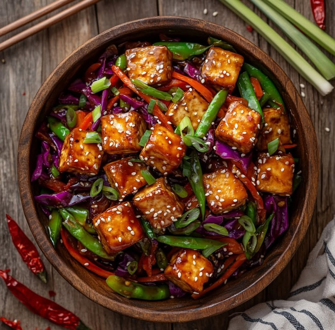 Spicy Szechuan Tofu with Colorful Veggie Stir-Fry