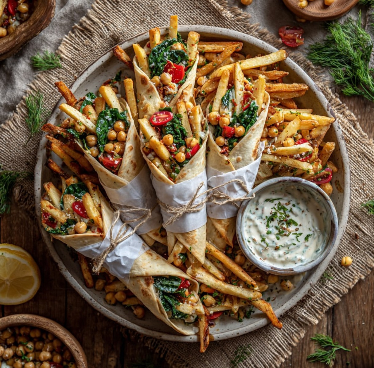 Spinach Wraps with Crispy Baked Potato Fries Delight