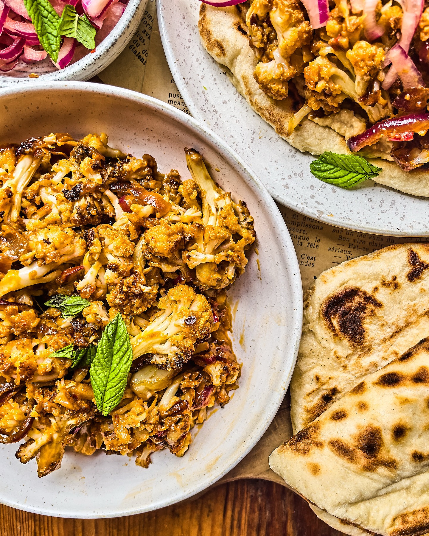 Sticky Cauliflower Flatbreads with Spicy Sweet Sauce