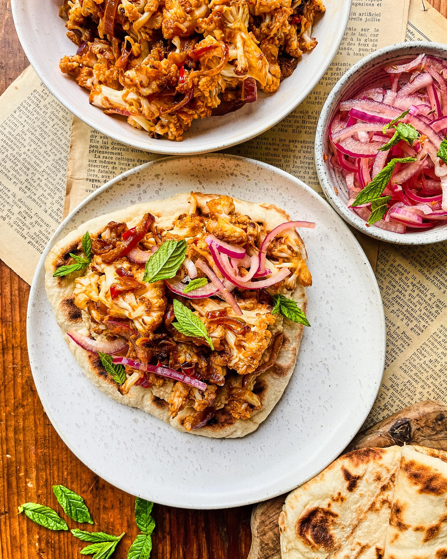 Sticky Cauliflower Flatbreads with Spicy Sweet Sauce