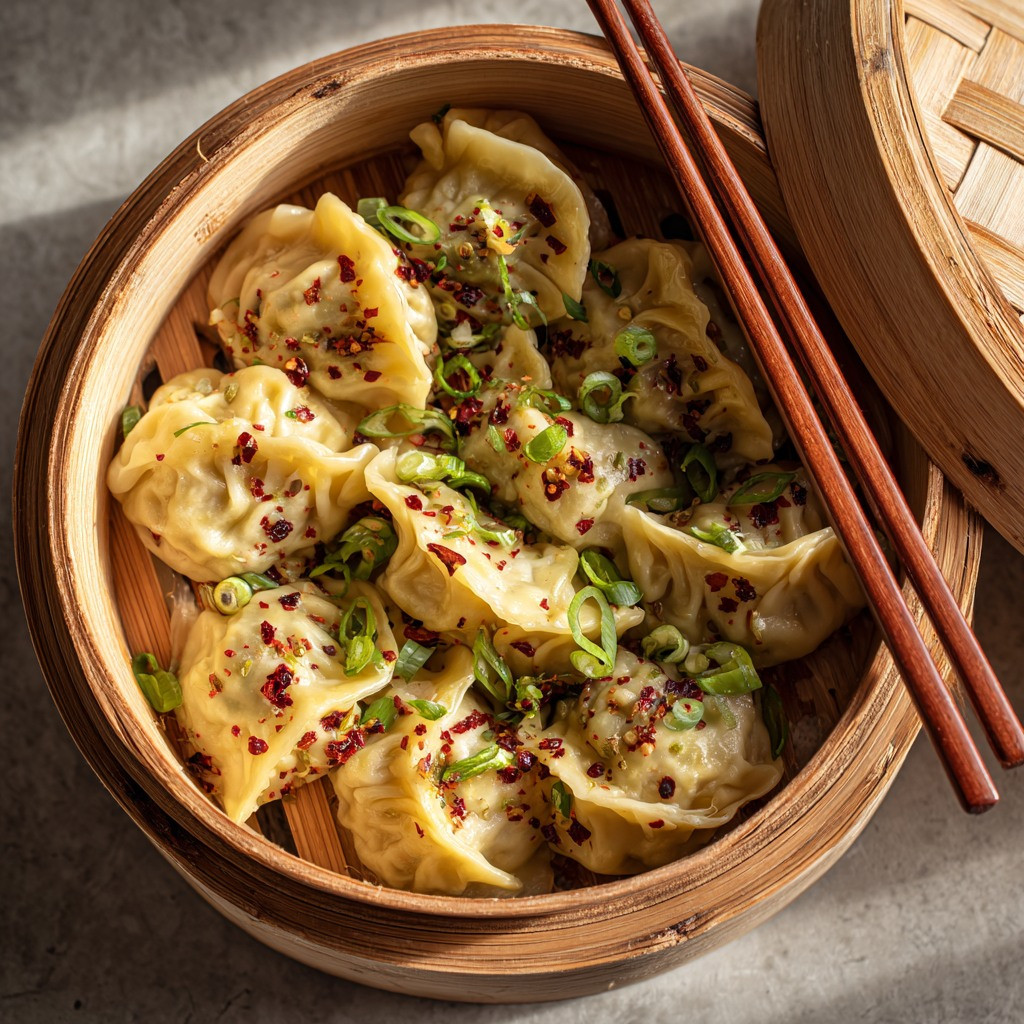 Sweet & Sour Veggie Dumplings with Spicy Chili Broth