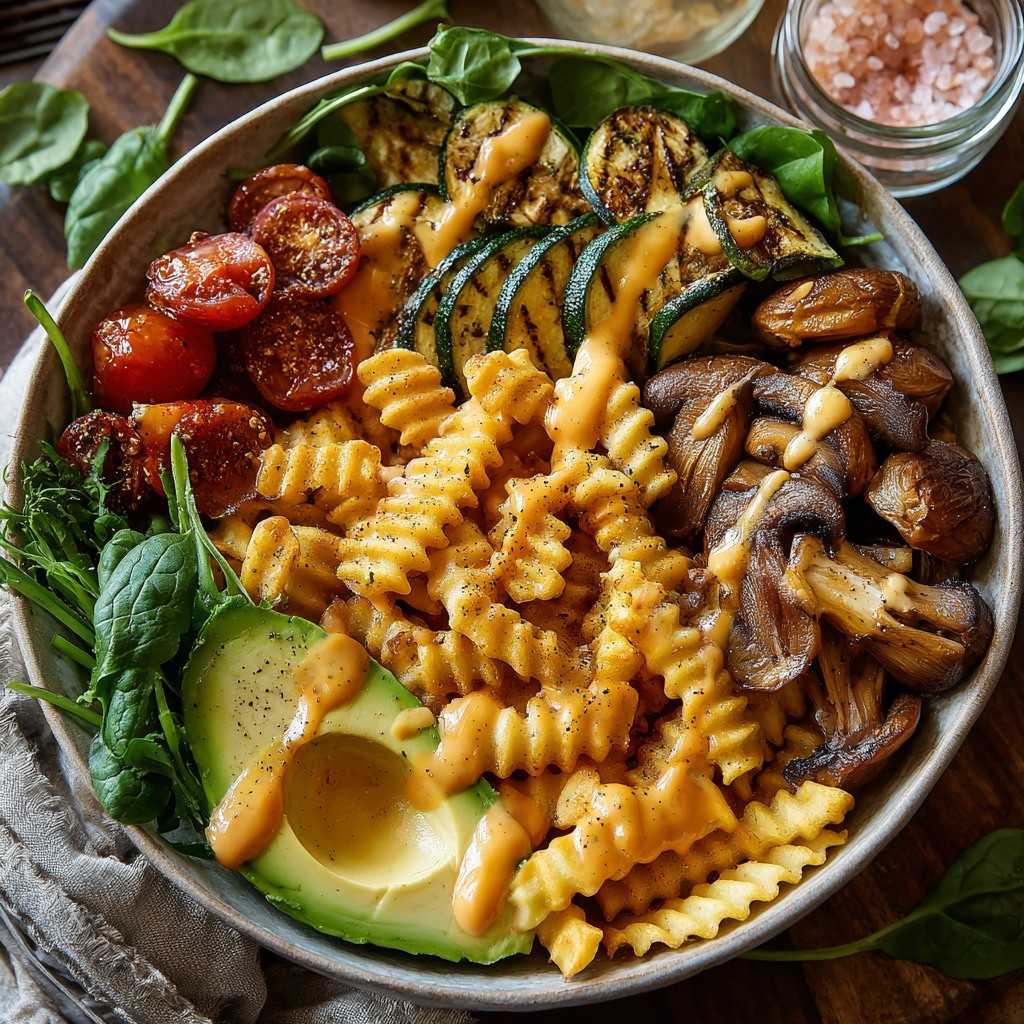 Vegan Ravioli Delight with Avocado, Mushrooms and Crispy Fries