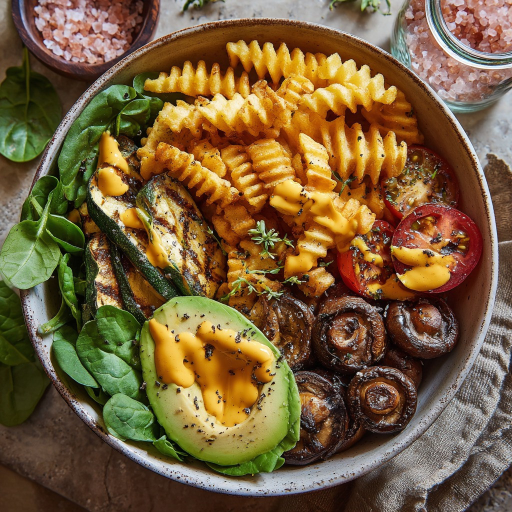Vegan Ravioli Delight with Avocado, Mushrooms and Crispy Fries