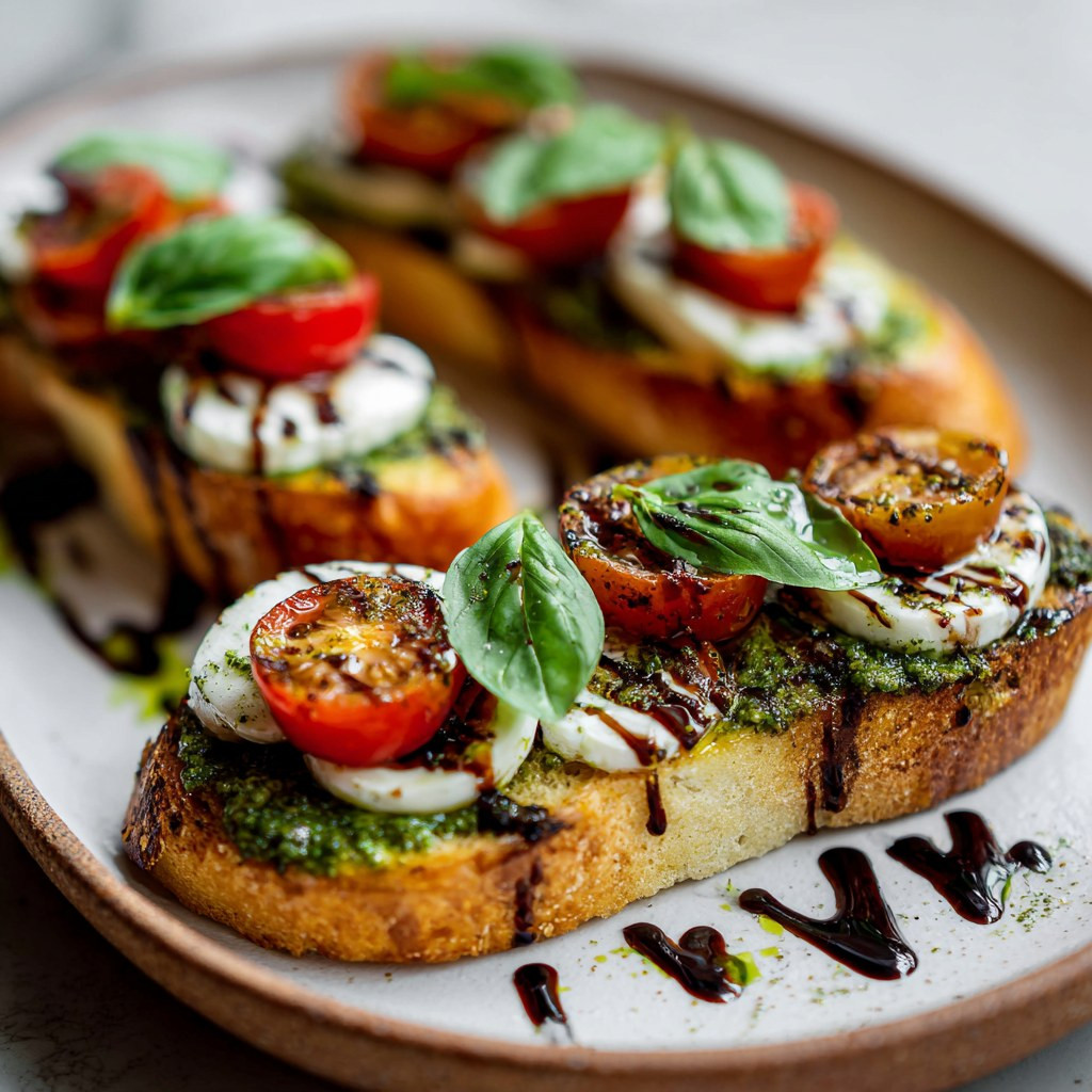 Zesty Vegan Caprese Toast with Pesto and Balsamic Glaze