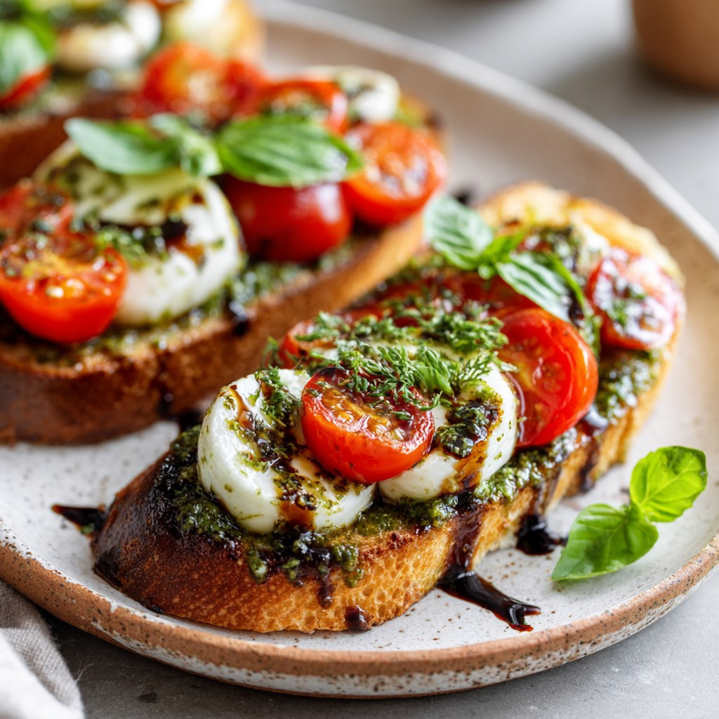 Zesty Vegan Caprese Toast with Pesto and Balsamic Glaze