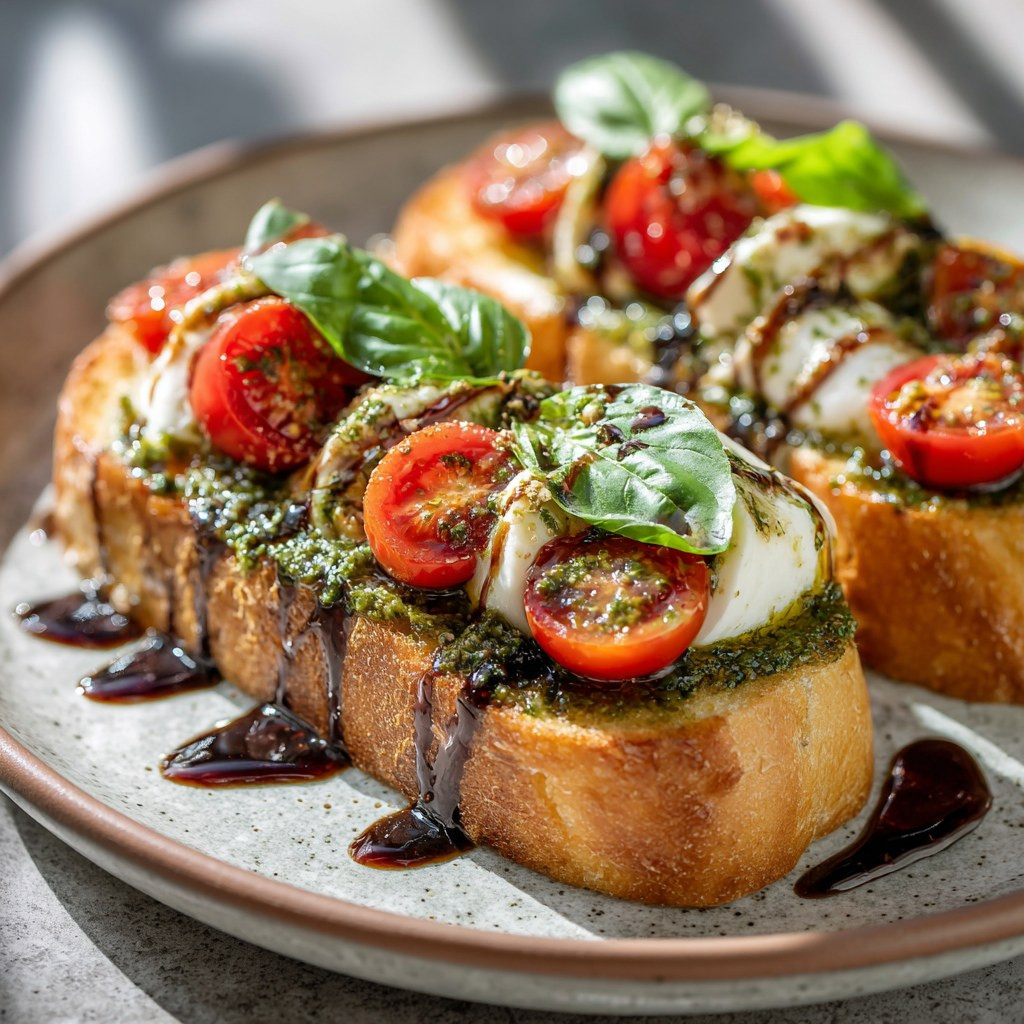 Zesty Vegan Caprese Toast with Pesto and Balsamic Glaze