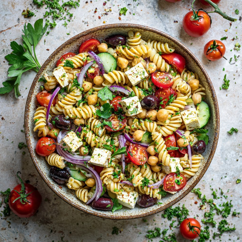 Zesty Vegan Greek Pasta Salad Delight