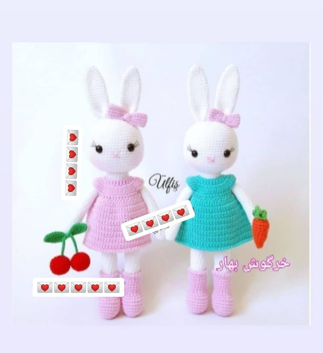 الگوی بافت عروسک خرگوش با لباس رنگی