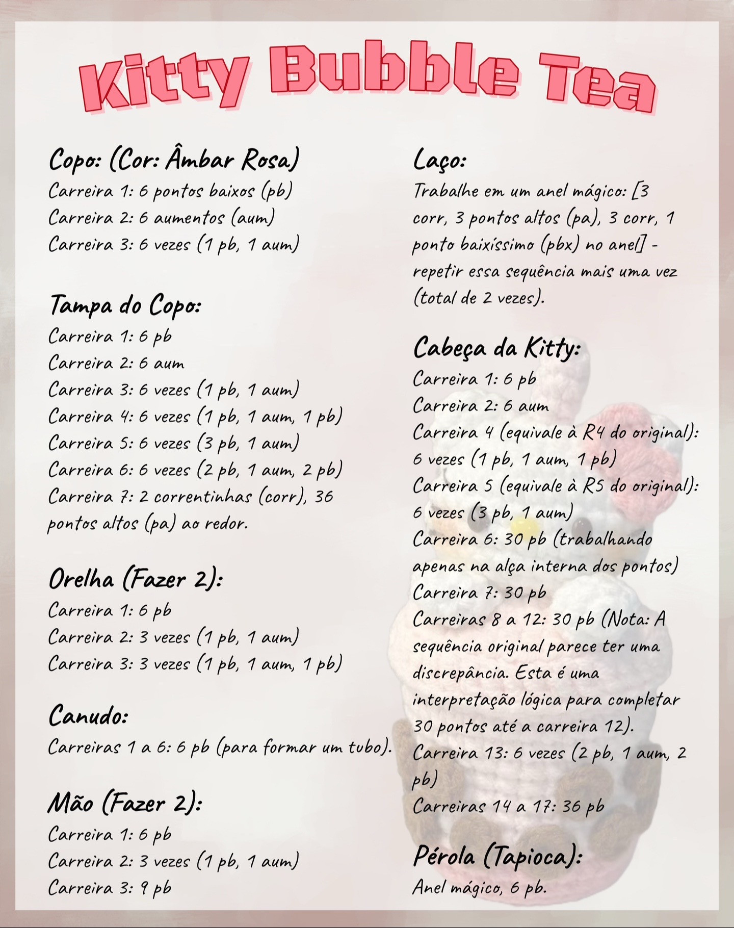 Amigurumi de gato fofo em copo de chá bolha rosa