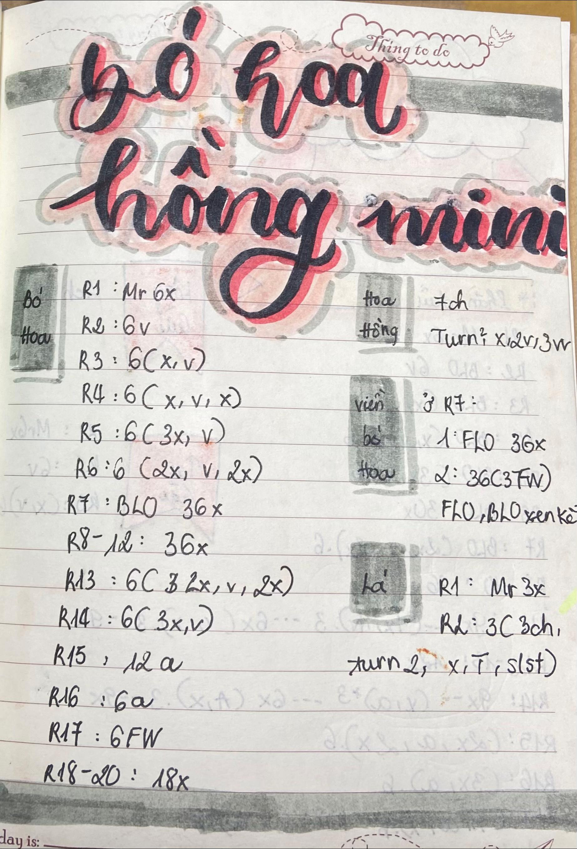 Biểu đồ chi tiết móc bộ hoa hồng mini bằng len