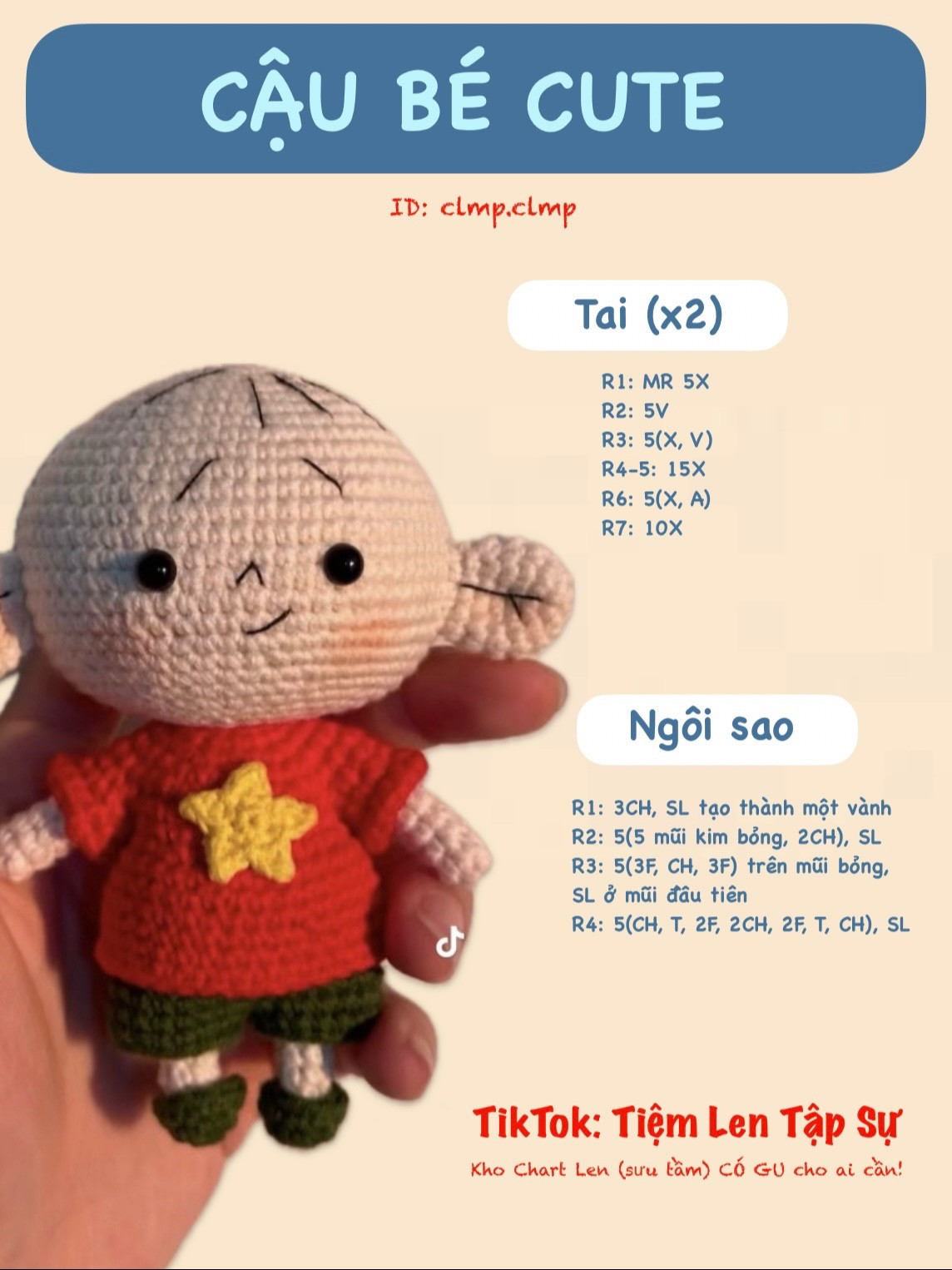 Búp bê móc len dễ thương với áo đỏ và họa tiết ngôi sao