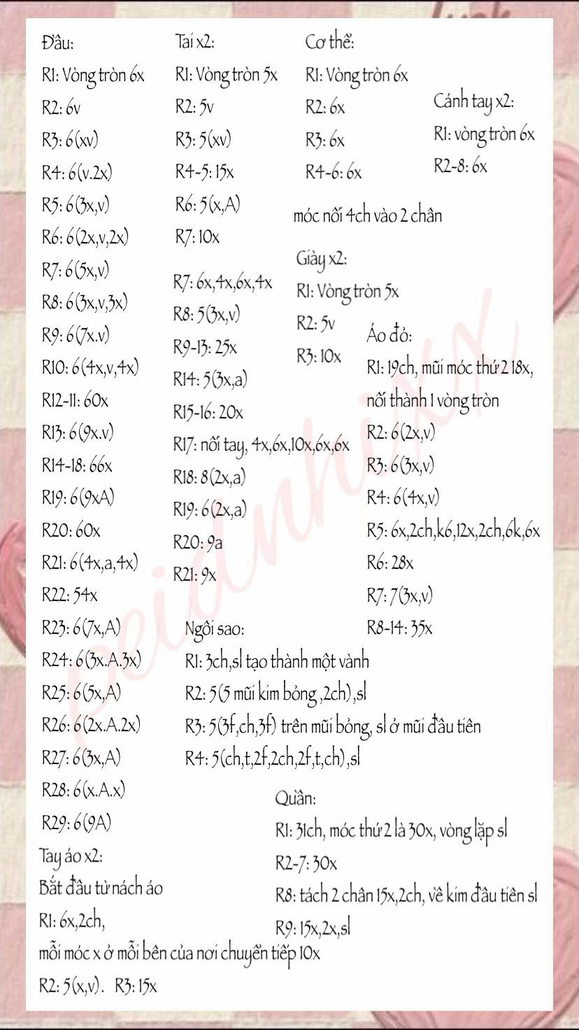 Búp bê móc len dễ thương với áo đỏ và họa tiết ngôi sao