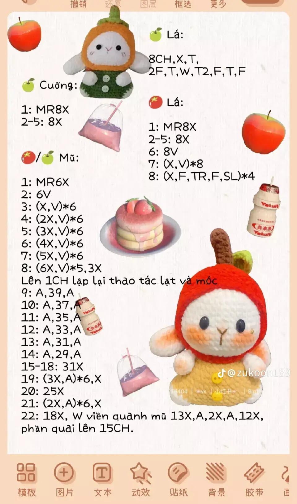 Búp bê thỏ đội mũ táo dễ thương từ len móc