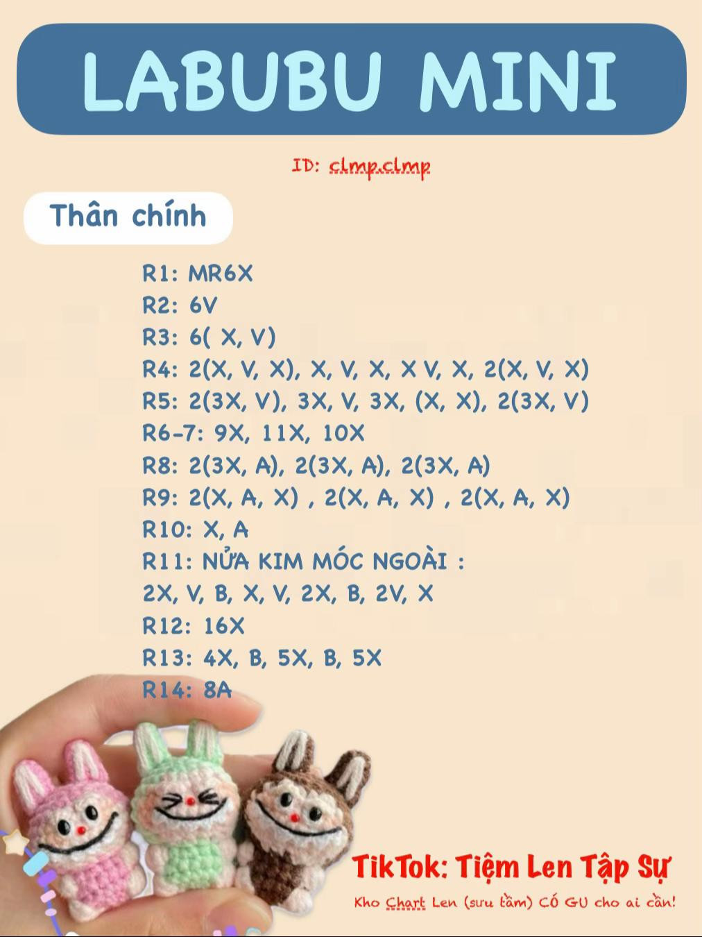 Búp bê thỏ nhỏ labubu xinh xắn bằng len cho người mới bắt đầu