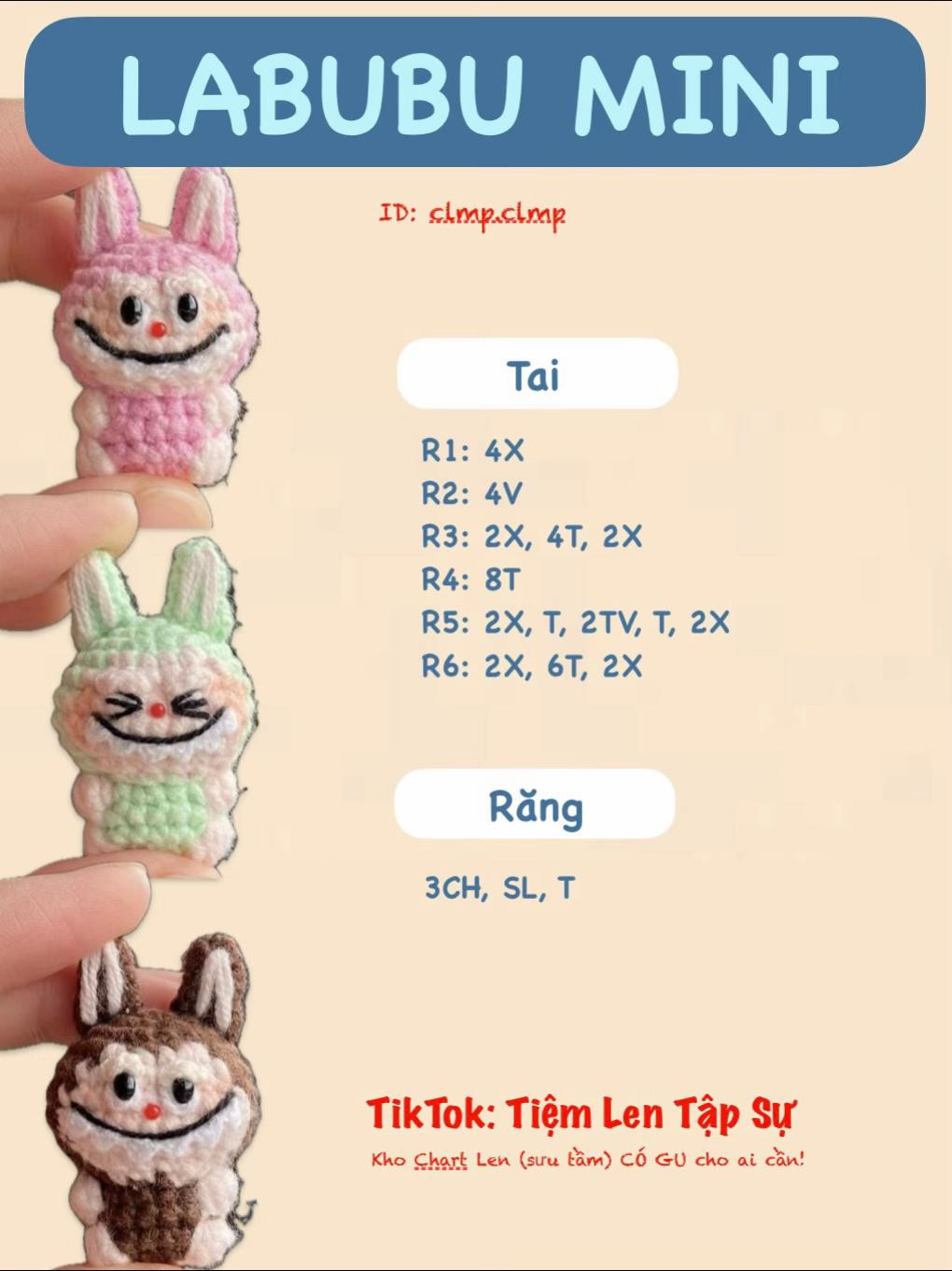 Búp bê thỏ nhỏ labubu xinh xắn bằng len cho người mới bắt đầu