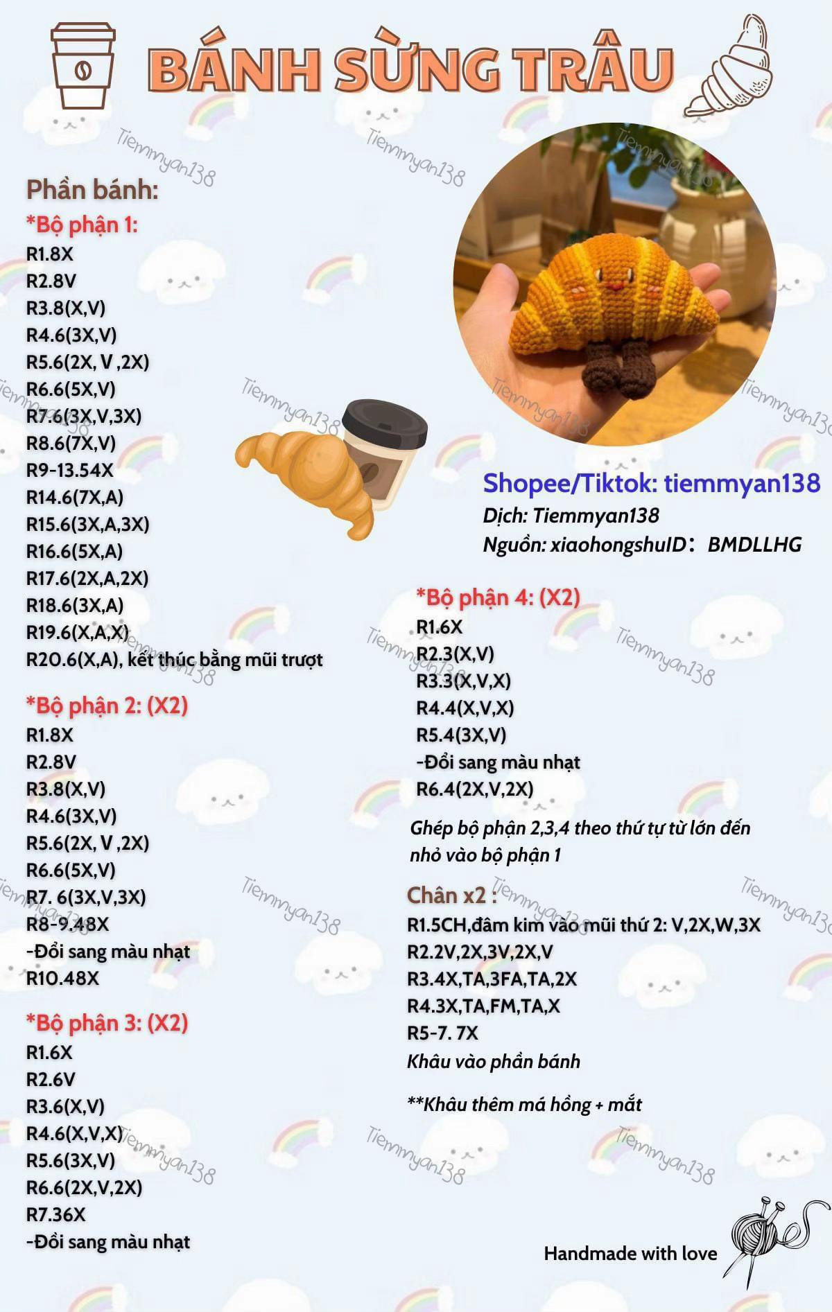 Cách móc bánh sừng trâu dễ thương với biểu đồ chi tiết