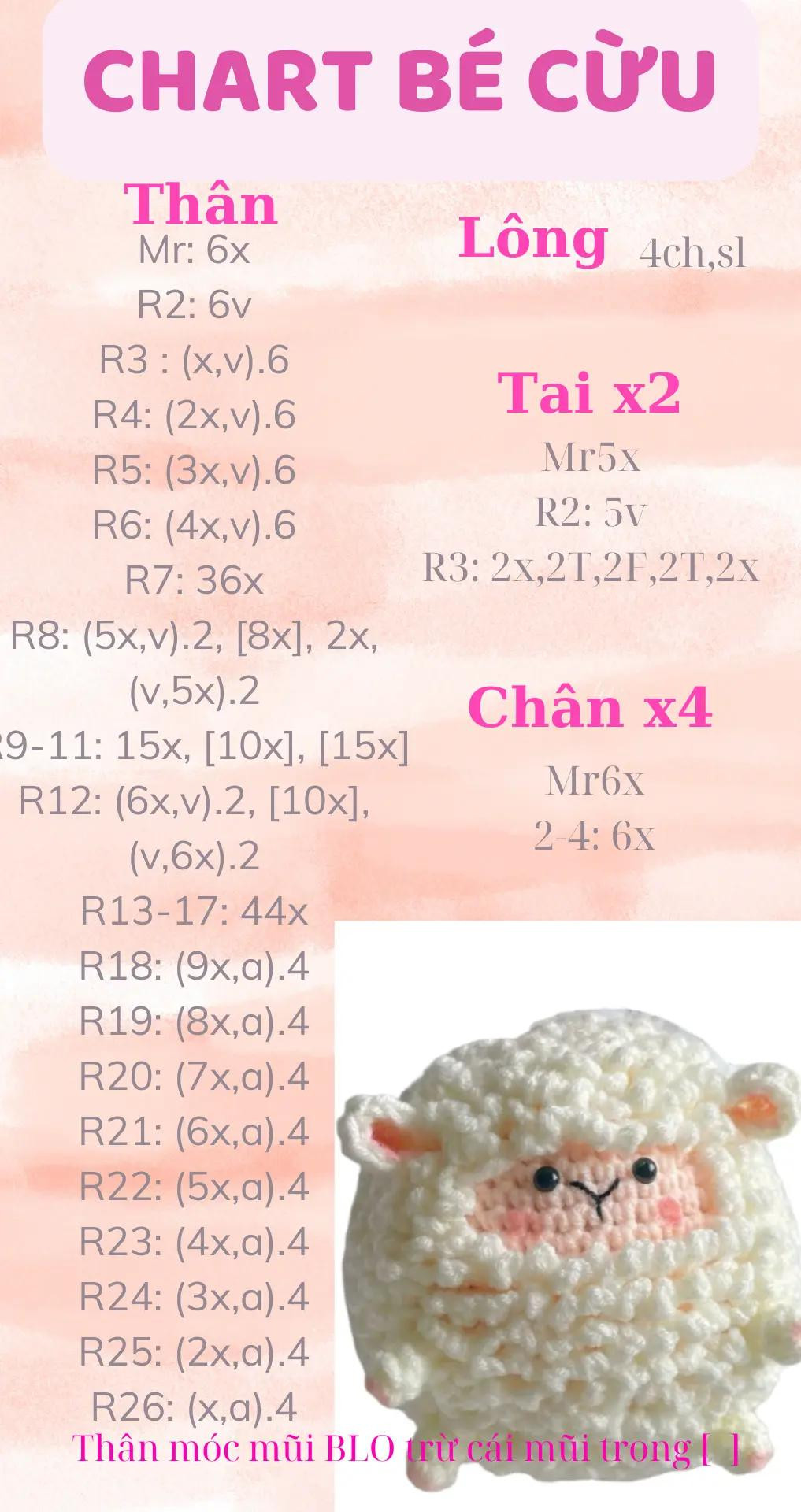 Chart móc len cừu bông dễ thương cho người mới bắt đầu