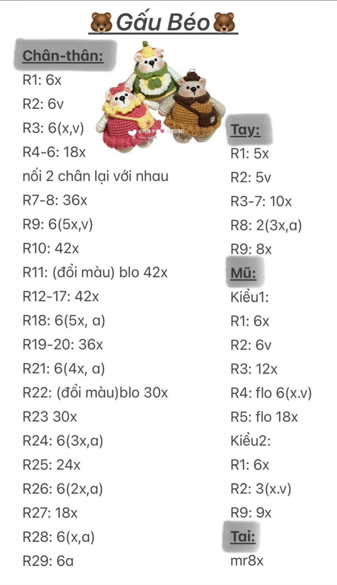 Chart móc len gấu béo dễ thương và ngộ nghĩnh cho người mới bắt đầu