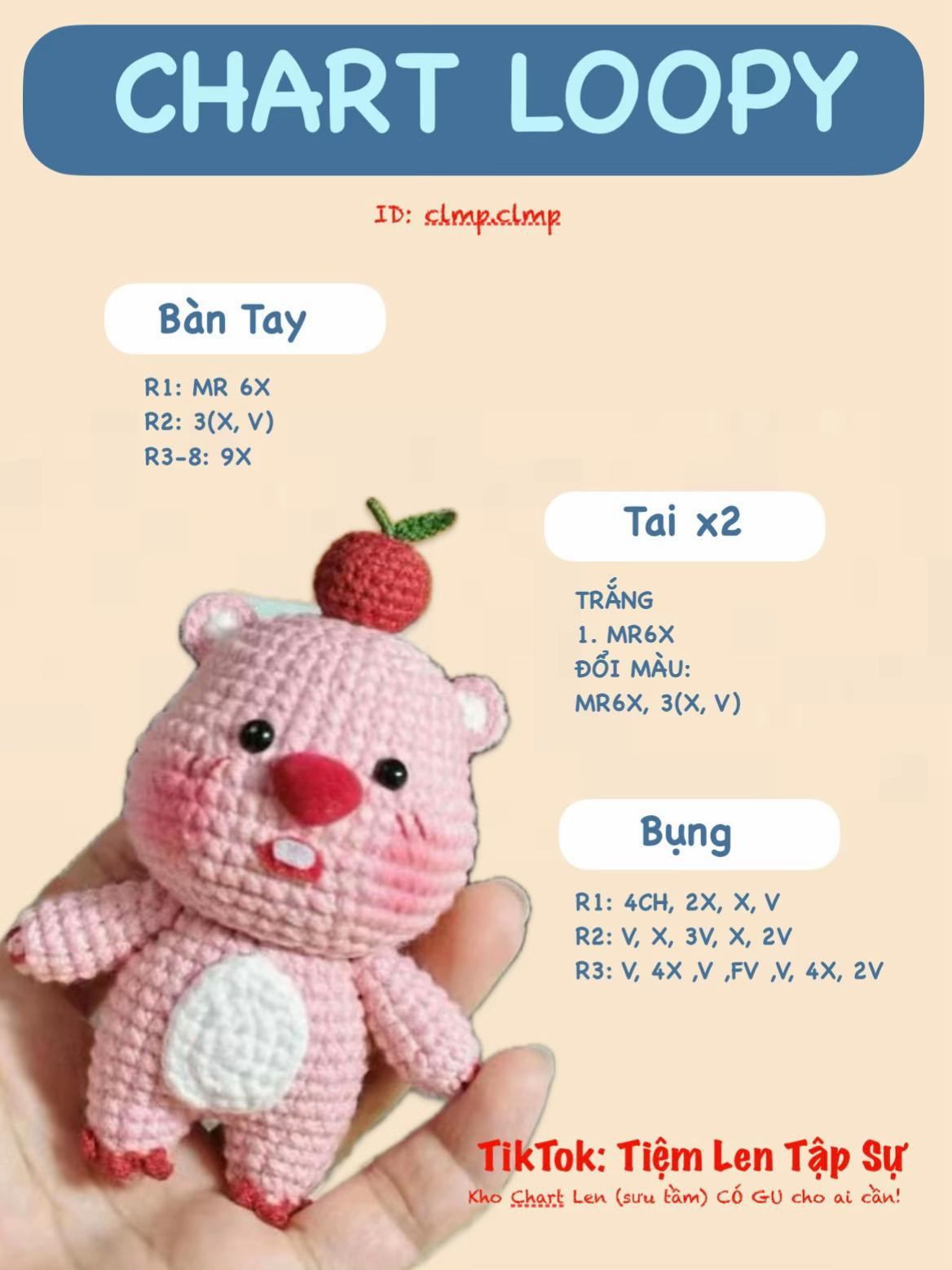 Chart móc len gấu hồng dễ thương với quả dâu trên đầu