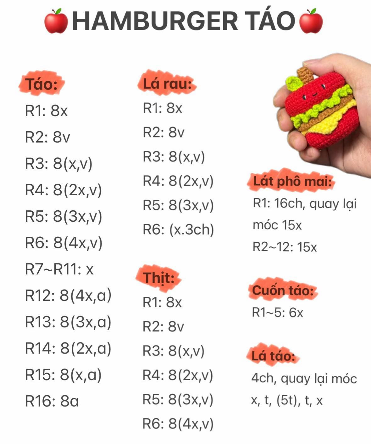 Chart móc len hình hamburger táo đáng yêu, dễ thương