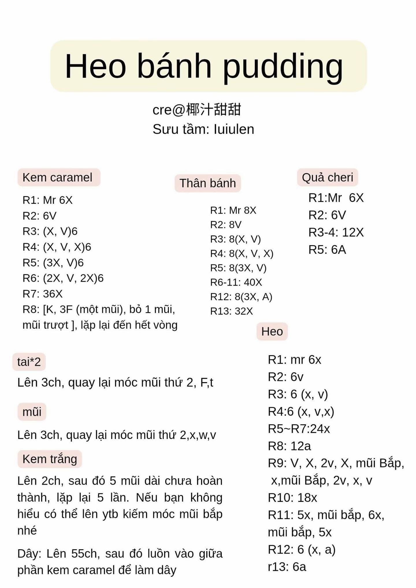 Chart móc len hình heo bánh pudding dễ thương cho người mới bắt đầu