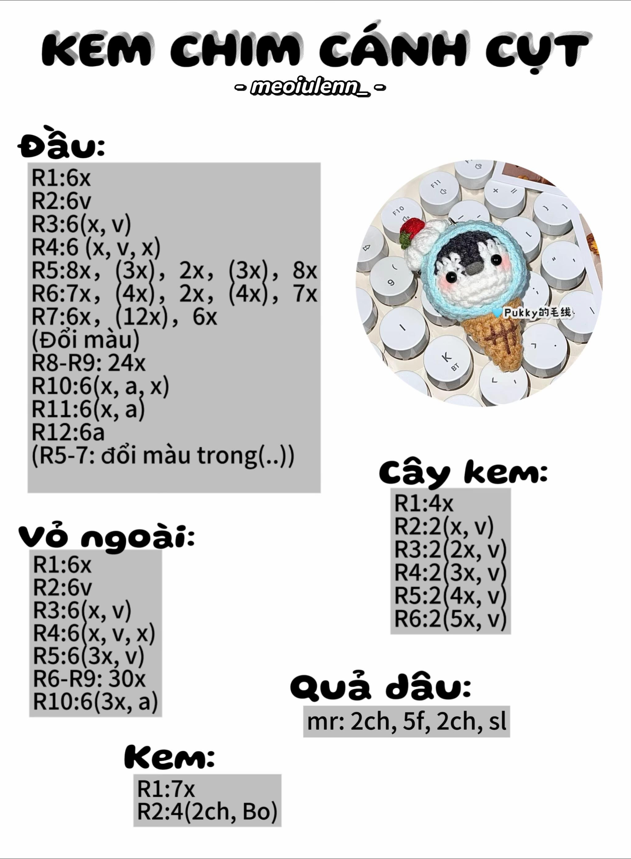Chart móc len hình kem chim cánh cụt đáng yêu và dễ thương
