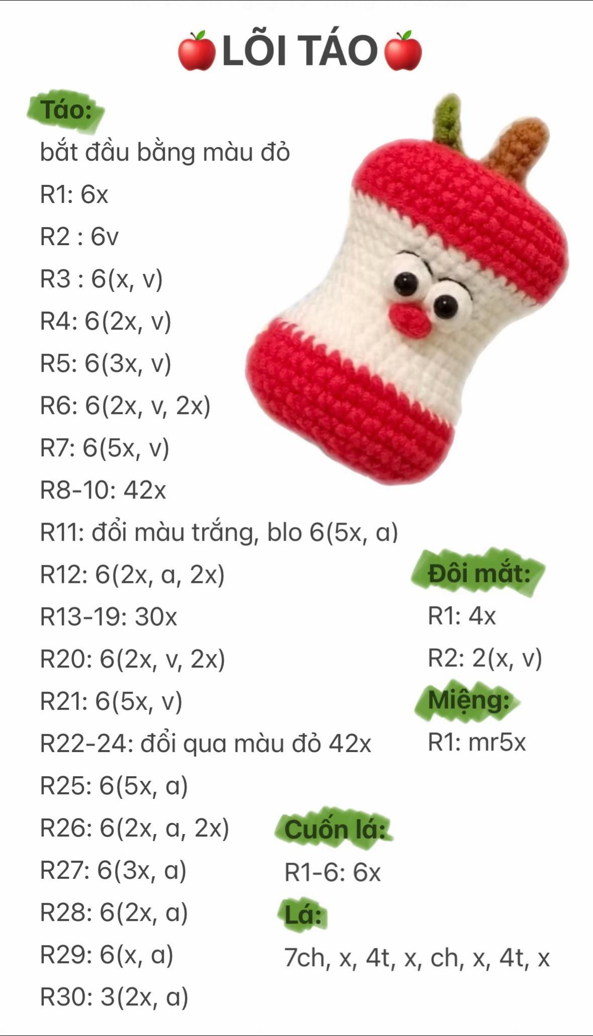 Chart móc len hình lõi táo dễ thương cho người mới bắt đầu