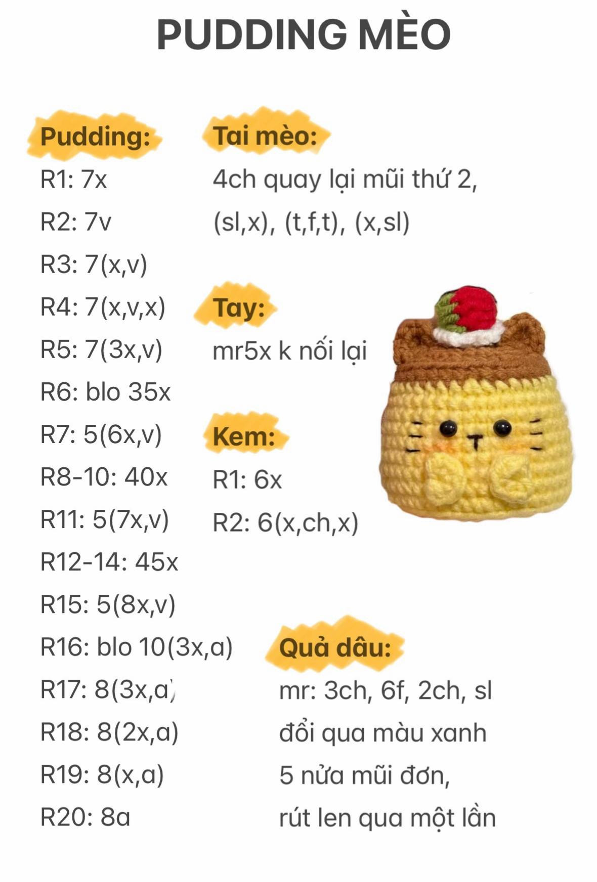 Chart móc len hình pudding mèo dễ thương cho người mới bắt đầu
