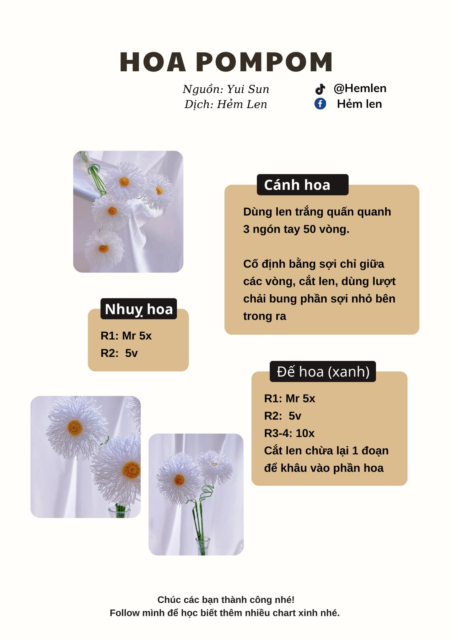 Chart móc len hoa pompom cho không gian sống thêm sinh động