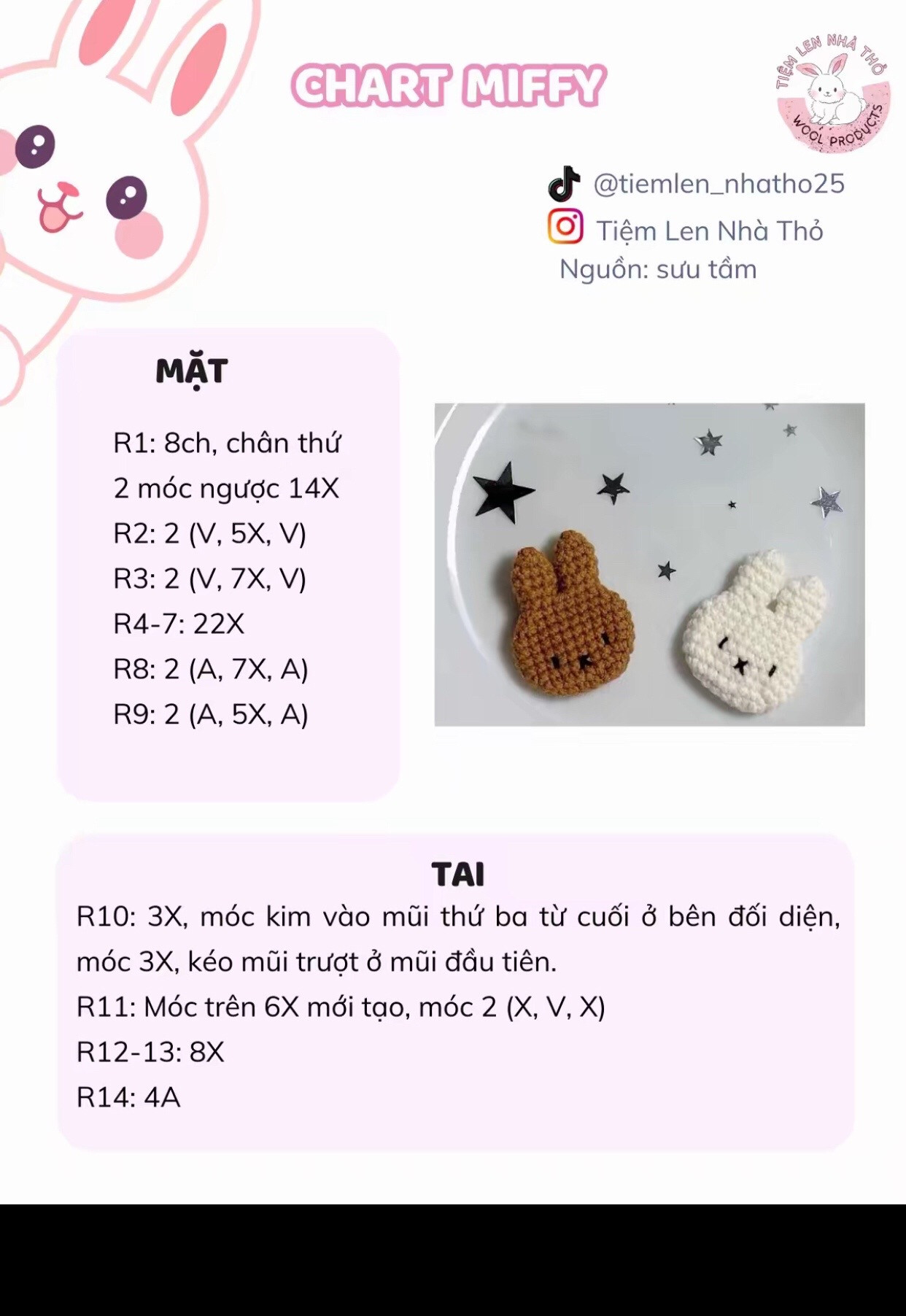 Chart Móc Len Mặt và Tai Thỏ Dễ Thương