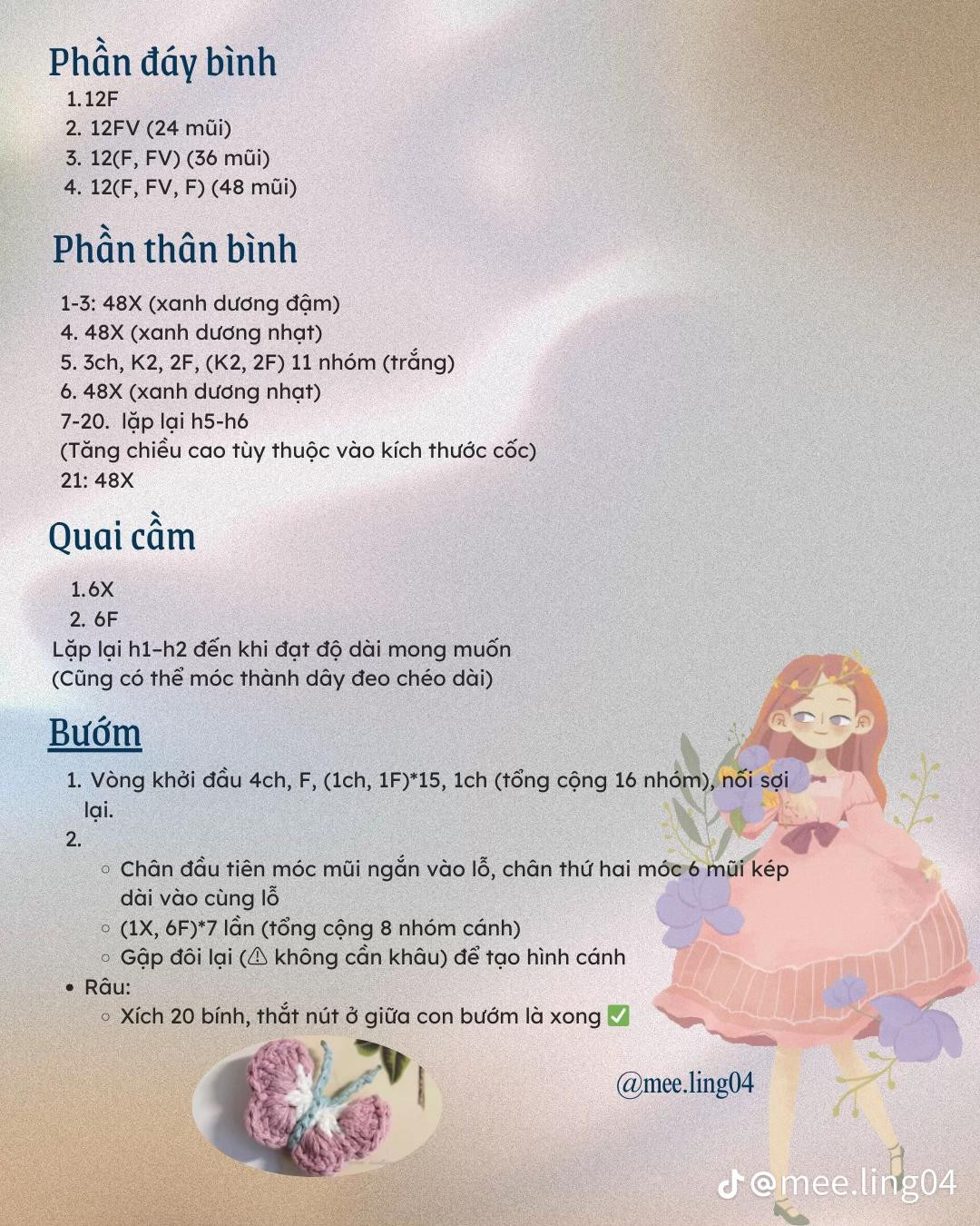 Chart móc len túi đựng bình nước với họa tiết bướm xinh xắn