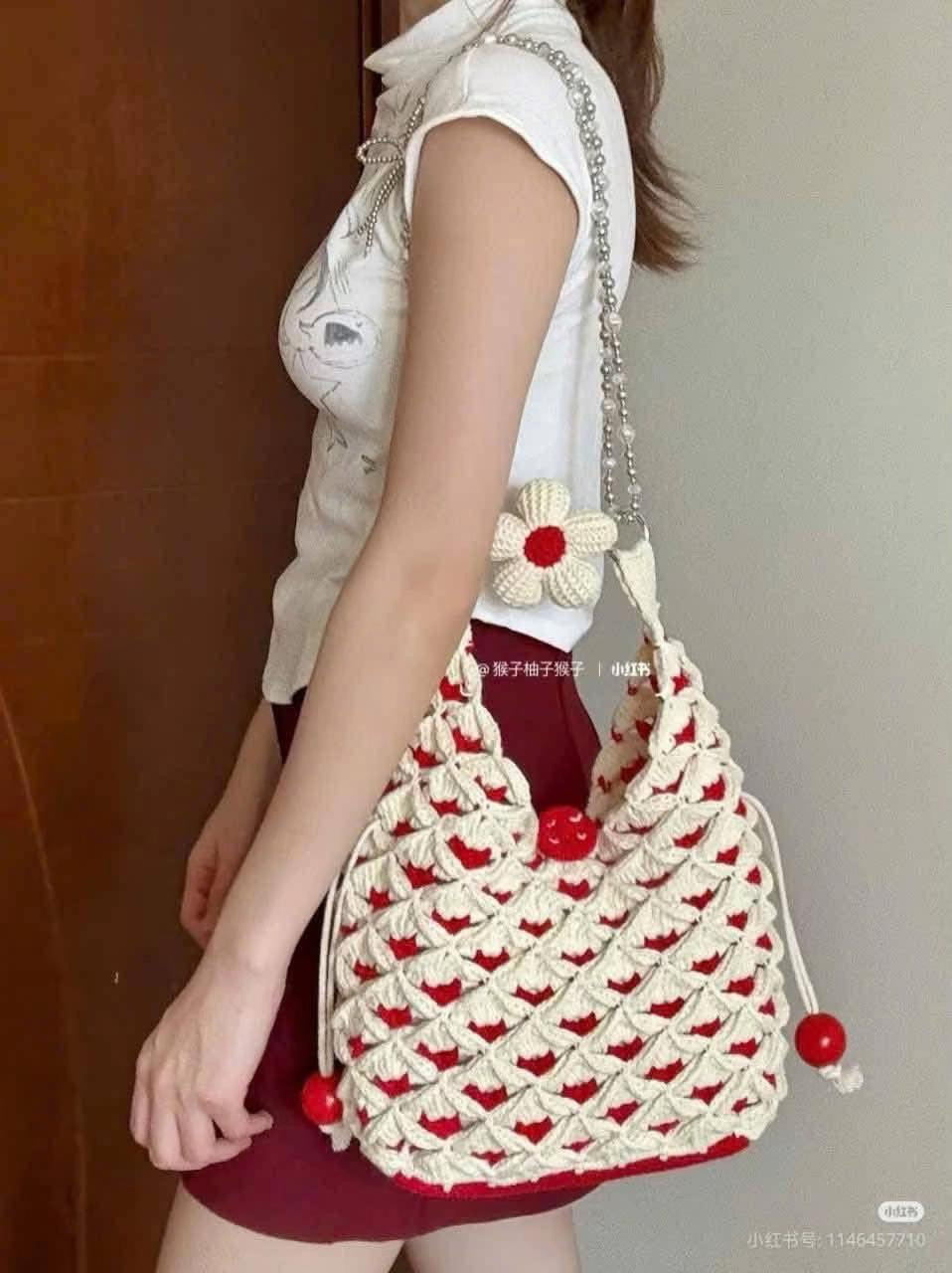 Chic Crochet Tote Bag with Red and White Pattern