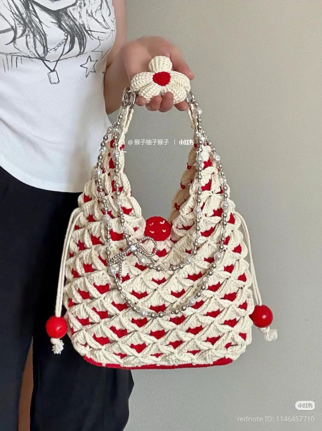 Chic Crochet Tote Bag with Red and White Pattern