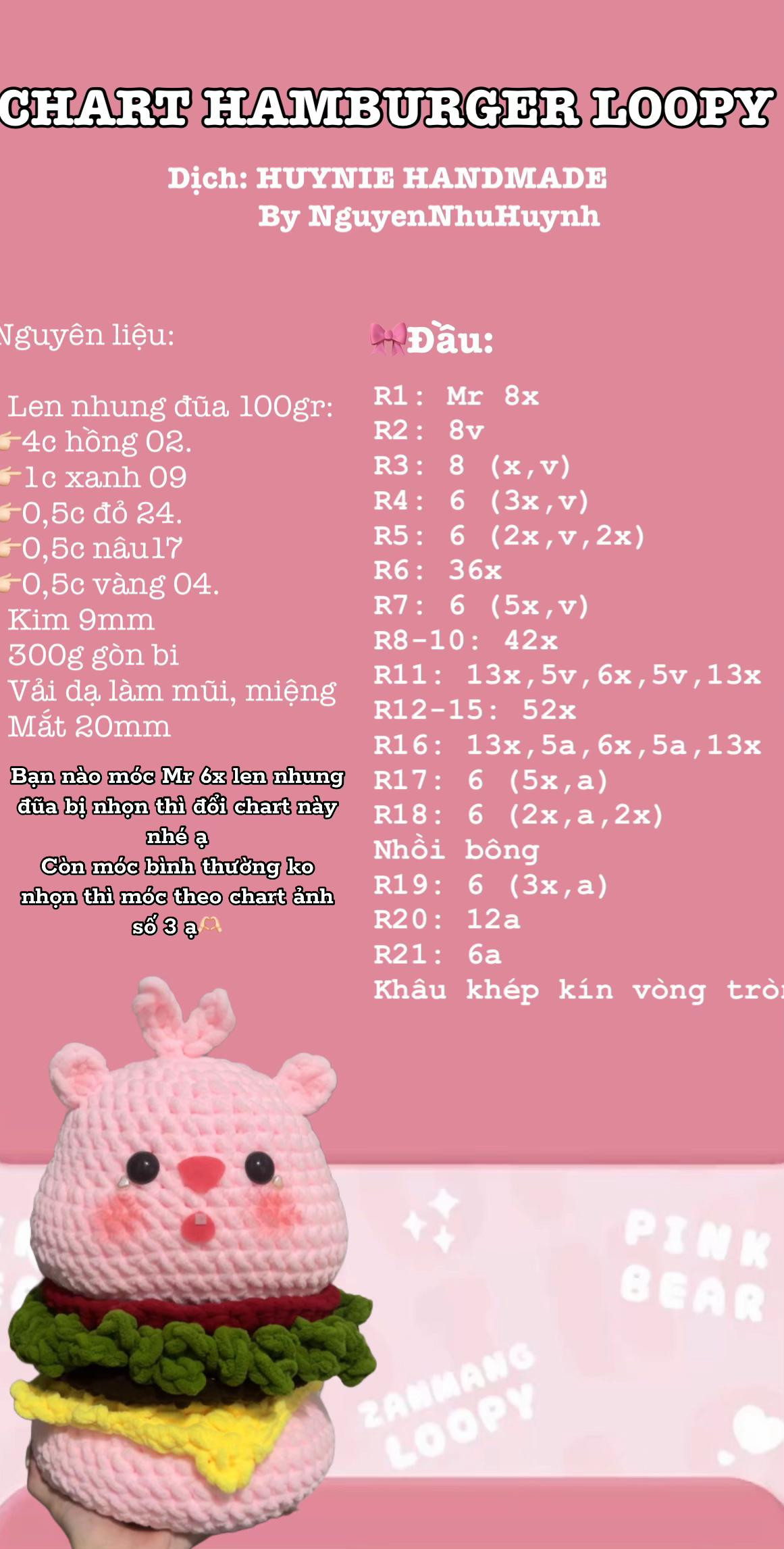 Chú gấu hamburger móc len dễ thương cho người yêu đồ handmade