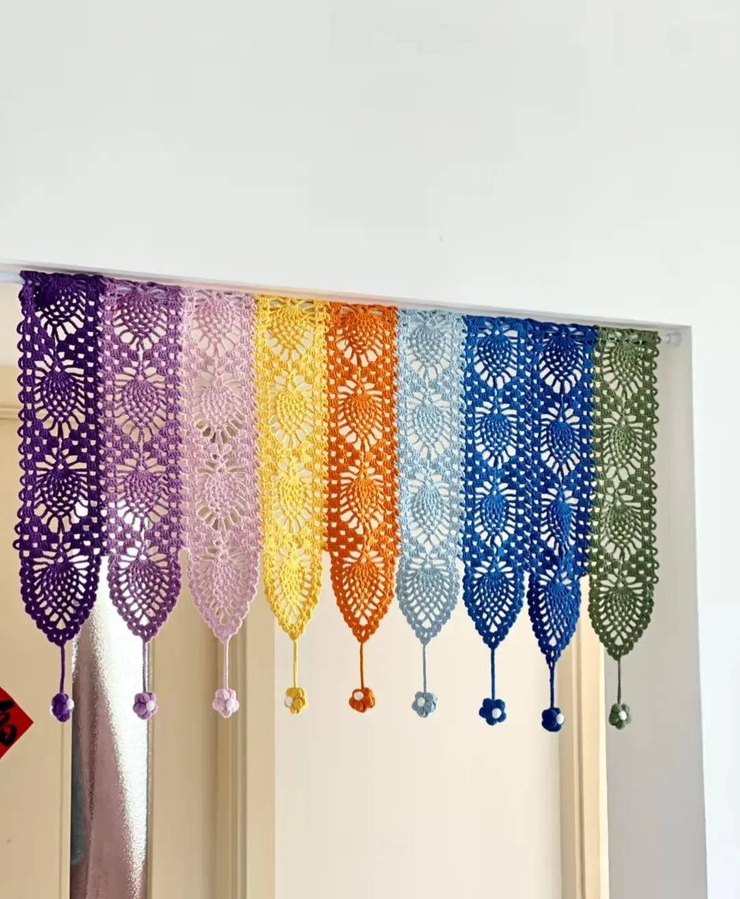Colorful Crochet Curtain with Floral Edges for Home Decor