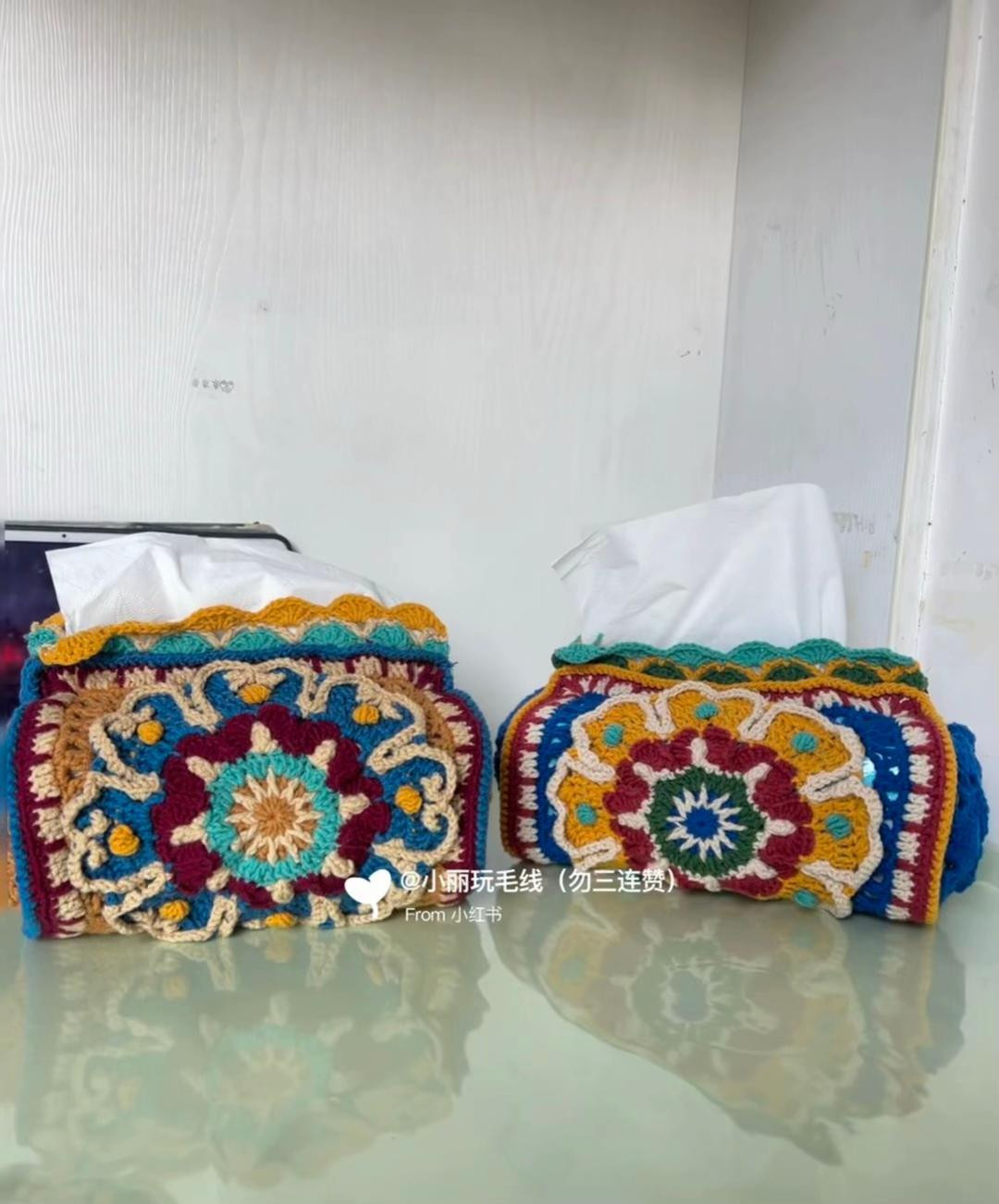 Colorful Crochet Tissue Box Cover with Intricate Floral Patterns