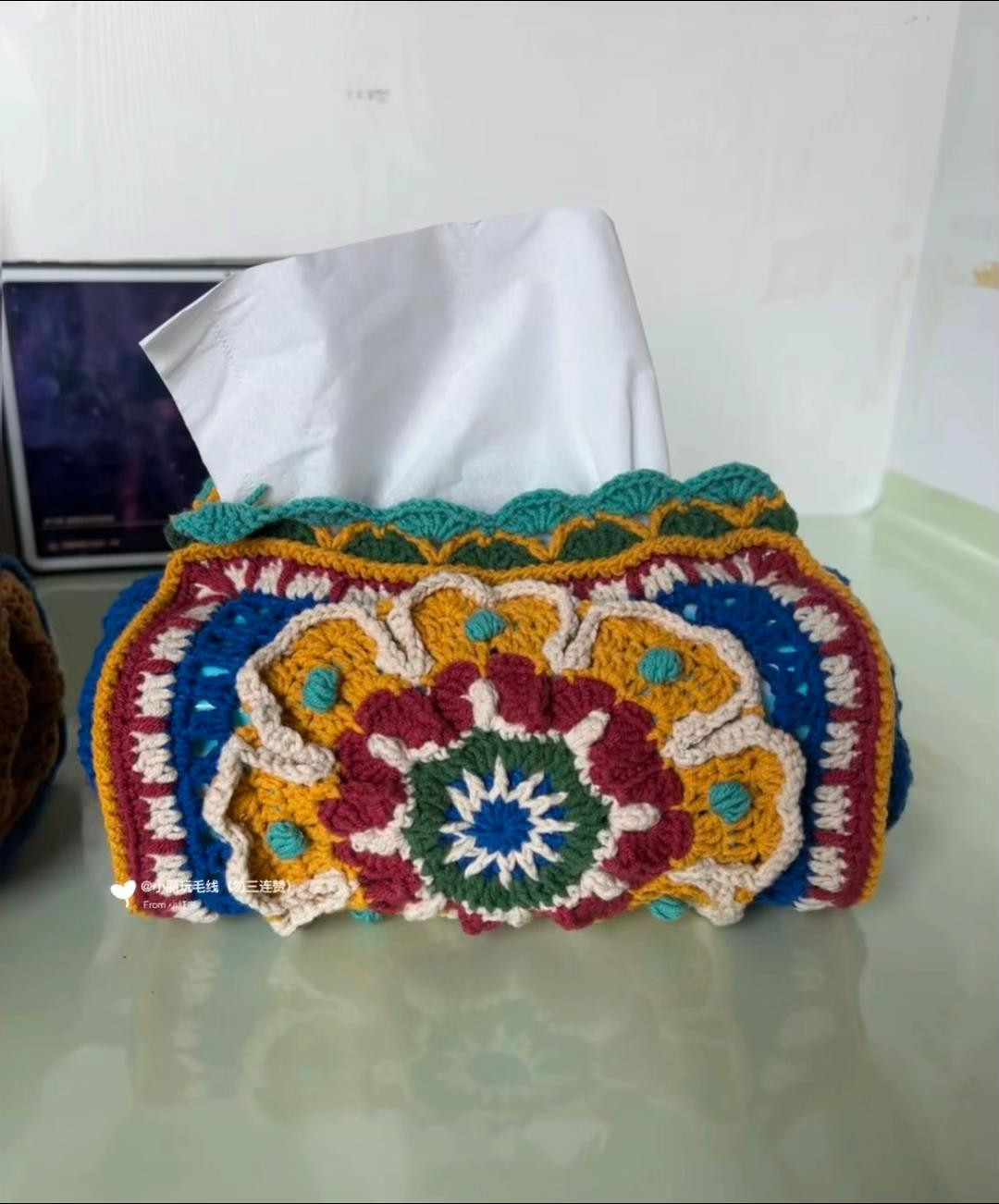 Colorful Crochet Tissue Box Cover with Intricate Floral Patterns