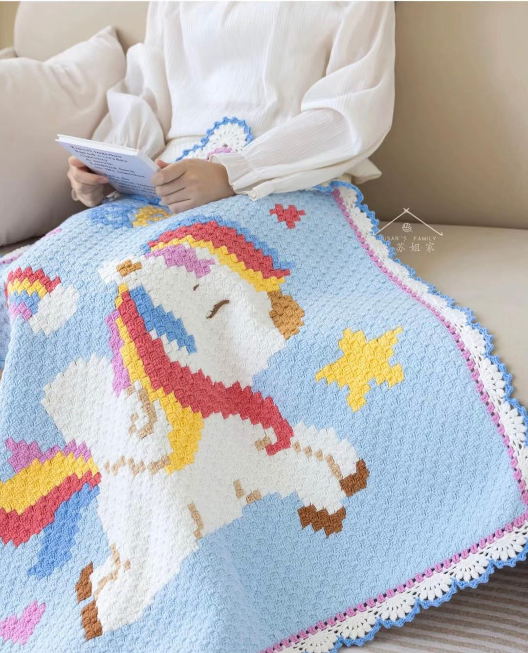 Colorful Unicorn Baby Blanket Crochet Pattern with Rainbow and Hearts