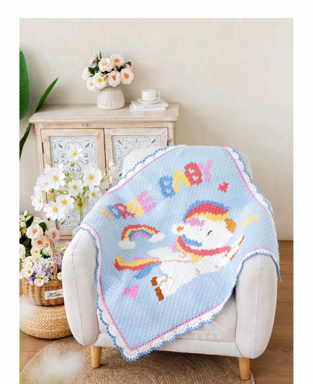 Colorful Unicorn Baby Blanket Crochet Pattern with Rainbow and Hearts