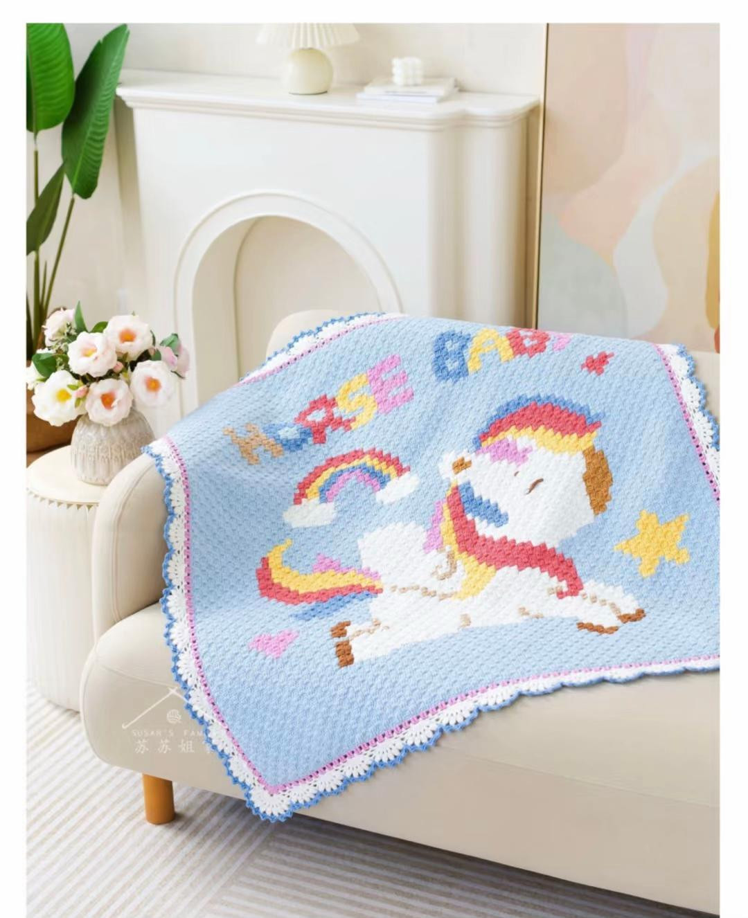 Colorful Unicorn Baby Blanket Crochet Pattern with Rainbow and Hearts
