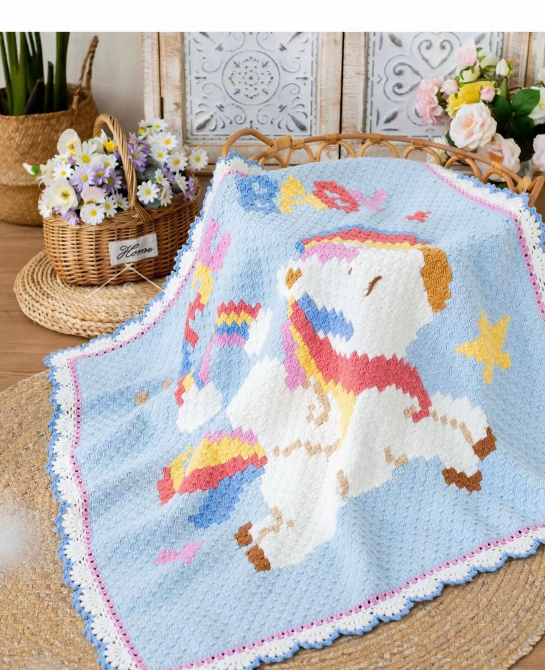 Colorful Unicorn Baby Blanket Crochet Pattern with Rainbow and Hearts
