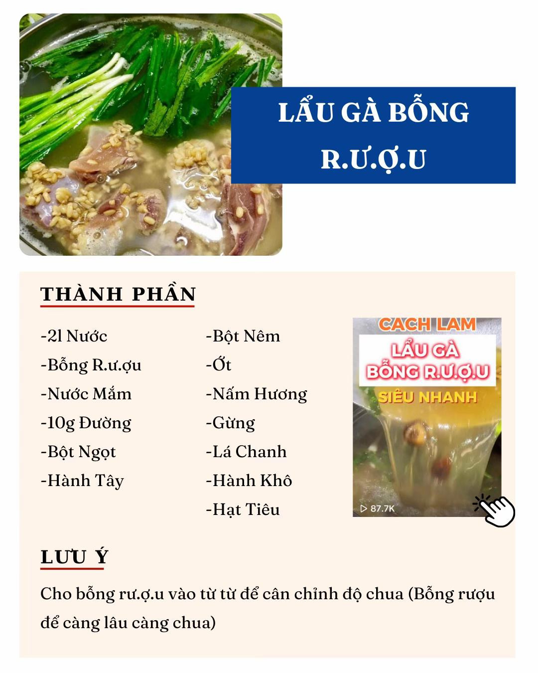 Công thức các loại nước lẩu, Lẩu hải sản chua cay,  lẩu gà bỗng rượu,  lẩu riêu cua, lẩu tôm cua bầu,  lẩu trâu nhúng  mẻ,  lẩu ếch chua ngọt