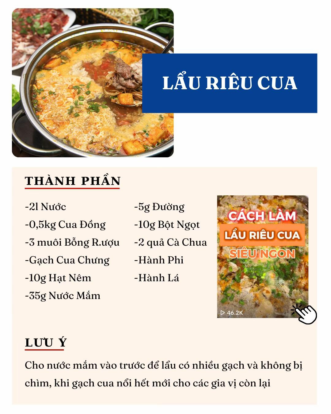 Công thức các loại nước lẩu, Lẩu hải sản chua cay,  lẩu gà bỗng rượu,  lẩu riêu cua, lẩu tôm cua bầu,  lẩu trâu nhúng  mẻ,  lẩu ếch chua ngọt