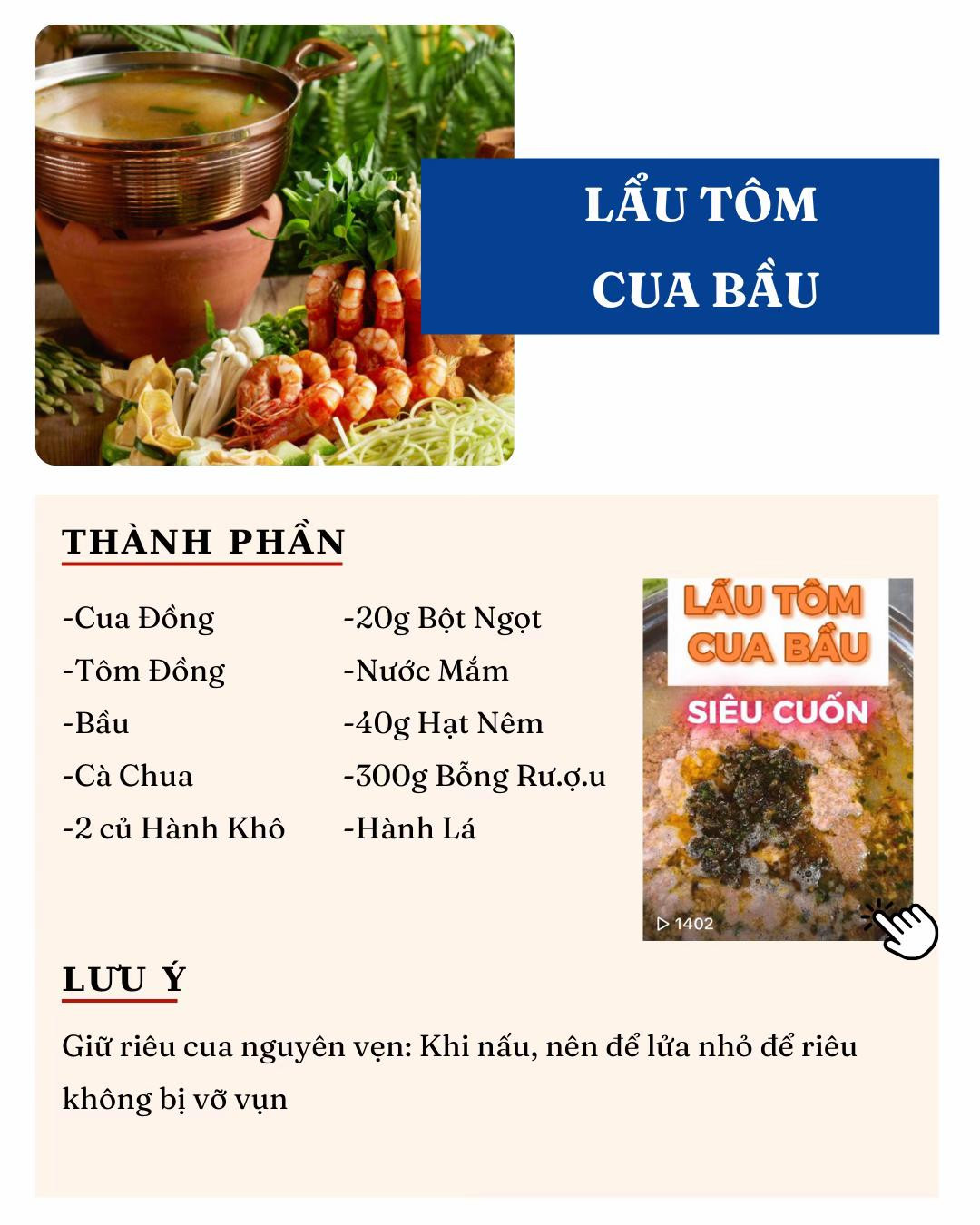 Công thức các loại nước lẩu, Lẩu hải sản chua cay,  lẩu gà bỗng rượu,  lẩu riêu cua, lẩu tôm cua bầu,  lẩu trâu nhúng  mẻ,  lẩu ếch chua ngọt
